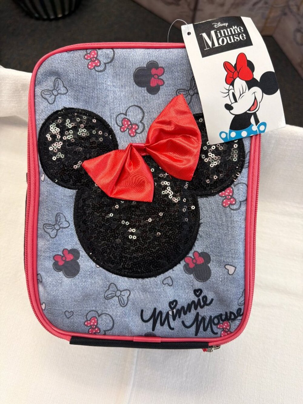 Disney Minnie Mouse Lunch Bag Gray Background Pink Sequin Red Bow